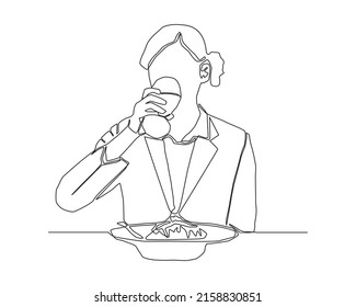 Continuous line of woman drinking water during her meal. Girl having dinner at restaurant vector.
