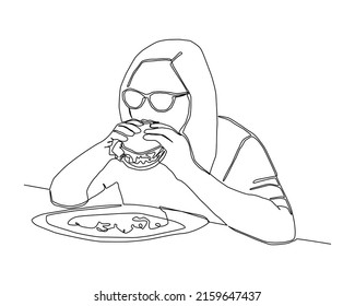 Continuous line of woman eating hamburger vector.