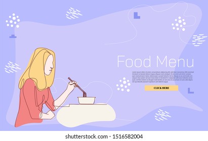 Continuous line Woman eating noodles Food work concept
for internet advertisement.
Influencer marketing, social media or network promotion, SMM banner, landing page, flyer.Vector illustration