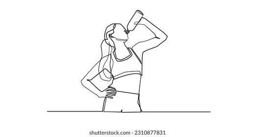 continuous line of woman exercising and drinking water.single line vector of woman exercising and drinking water in bottle.healthy lifestyle of woman