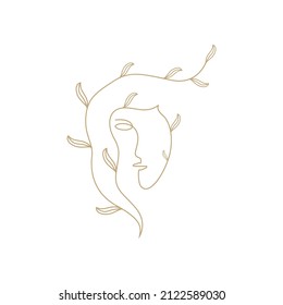 continuous line woman faces with leaf logo design, vector graphic symbol icon illustration creative idea