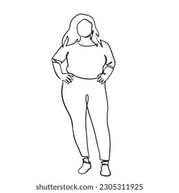 continuous line woman fat big body happy dance love yourself hand drawn illustration one line vector