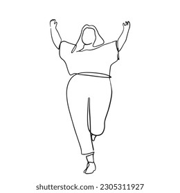 continuous line woman fat big body happy dance love yourself hand drawn illustration one line vector