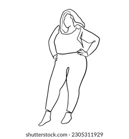 continuous line woman fat big body happy dance love yourself hand drawn illustration one line vector