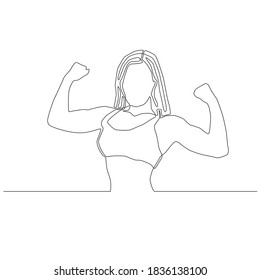 Continuous Line Of Woman Flexing Her Muscles. Woman Showing Her Arm Muscle