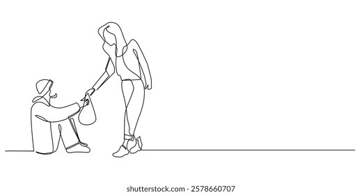continuous line of woman giving charity.one line drawing of woman extending hand giving help to beggar.single line vector illustration.isolated white background