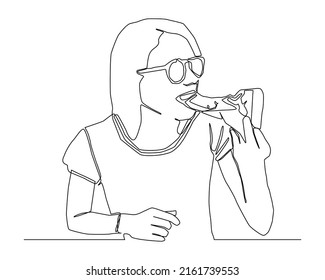 Continuous line of woman with glasses using left hand holding a piece of pizza and chewing deliciously vector.