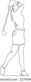continuous line A Woman With A Golf Club Is Playing On A Golf Course