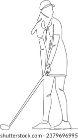 continuous line A Woman With A Golf Club Is Playing On A Golf Course