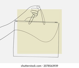 Continuous line, Woman hand holding shopping bags. Drawing of set Sale. (Vector illustration one line drawing)