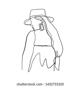 Continuous line woman in hat with long hair style standing back. Stylized contemporary portrait. Beauty concept. 
