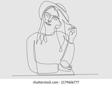 
continuous line of woman in hat vector illustration