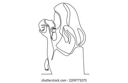 Continuous line of woman hold her baby. Happy Mother day 
