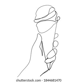 Continuous line, The woman holding the ice cream by hand. Drawing of set Food. (Vector illustration one line drawing)