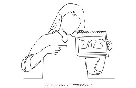 continuous line of woman holding loose-leaf calendar