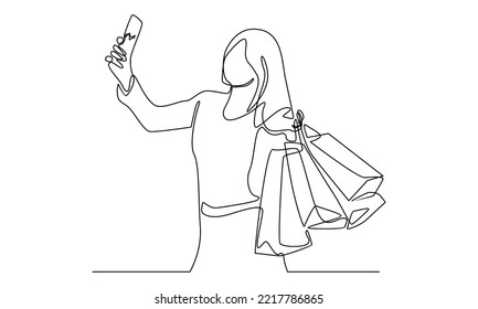 continuous line of woman holding paper bags