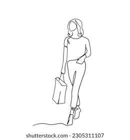 continuous line woman holding shopping bag shopping shop hand drawn illustration one line vector