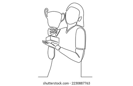Continuous line of woman holding trophy