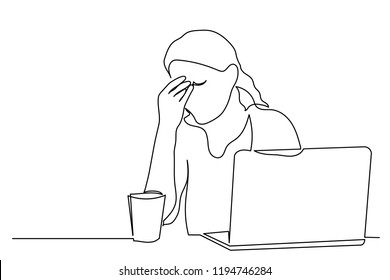 continuous line woman with laptop. cup of coffee on the table, fatigue, hard work concept