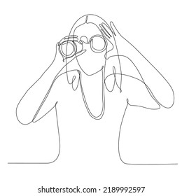 
continuous line woman looking using binoculars vector illustration