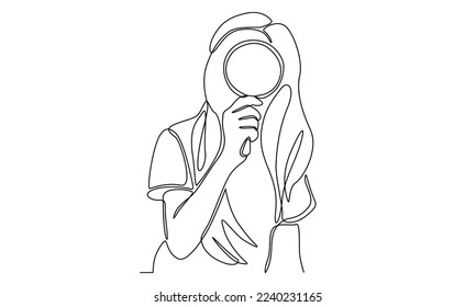 Continuous line of woman with magnifying glass