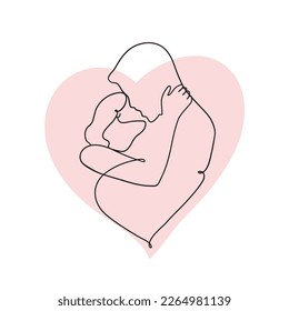 Continuous line woman and man face drawing.Pink heart.Continued line kissing couple.Stock Vector backgound design.