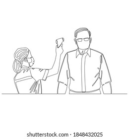 Continuous line of woman in a mask using infrared thermometer measuring Old man's temperature outline vector