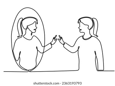 continuous line Woman in mirror talking to herself