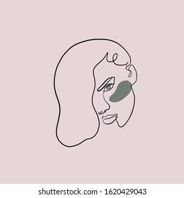 Continuous line, Woman with patches under the eyes, anti-aging mask, beauty treatments, Single female silhouette, stylized portrait in a minimalist style