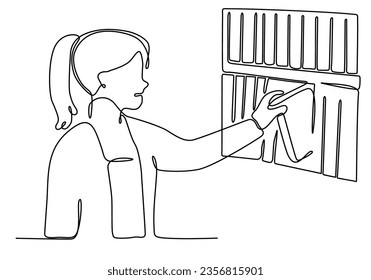 continuous line of woman picking up books in bookcase