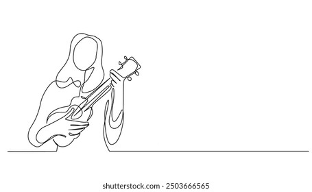 continuous line of woman playing ukulele.one line drawing of young woman playing ukulele for holiday background.single line vector illustration.isolated white background