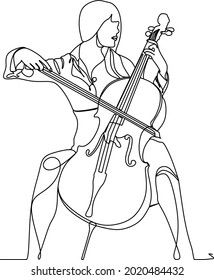 Continuous line. A woman plays the cello. Simple style hand drawn music style vector illustration