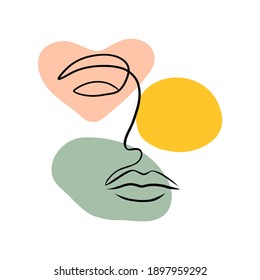 Continuous line woman portrait. Abstract contemporary minimal face with colored shapes. Vector art illustration