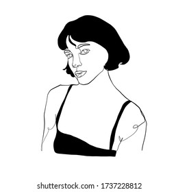 Continuous line woman portrait. Brunette girl. Beauty icon. Linear abstract drawing of female face. Stylish model. Minimalistic sign for social media, tattoo idea, print for cloth. 