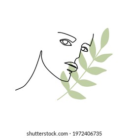 Continuous line woman portrait. Minimal design, freehand composition, modern abstract style. Beauty fashion female portrait with lily flowers details. 