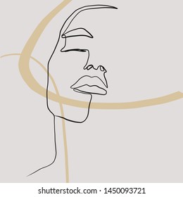 Continuous line woman portrait pictured on an abstract background with freehand shapes in pastel colors. Creative contemporary composition with girl face in modern graphic style drawing. 