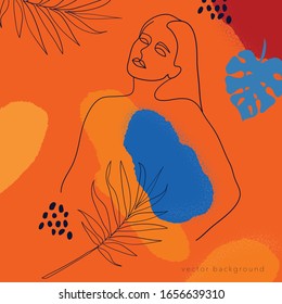 Continuous line woman portrait pictured on a bright abstract background with freehand shapes in Lush Lava colors. Creative contemporary composition with girl face in modern graphic style drawing.