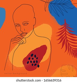 Continuous line woman portrait pictured on a bright abstract background with freehand shapes in Lush Lava colors. Creative contemporary composition with girl face in modern graphic style drawing.
