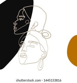 Continuous line woman portrait, trendy conceptual design. Abstract textures with freehand shapes. Black, mustard and beige pastel colors elements. Glamour beautiful girl face in graphic minimal style