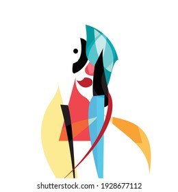 Continuous line woman portraits pictured on an abstract background with freehand shapes. Creative contemporary composition with girl face in modern graphic style drawing.