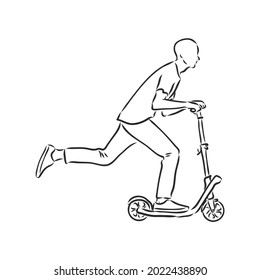 Continuous line woman rides an electric scooter with raised leg