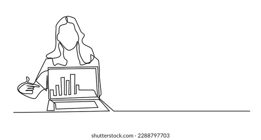 continuous line of woman showing sales traffic on laptop.presentation of woman using laptop.woman showing increasing business