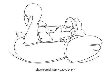 Continuous line of woman sitting on swimming flamingo tires
