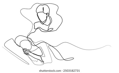 continuous line of woman sleeping and dreaming.one line drawing of woman dreaming of her lover.single line vector illustration.isolated white background