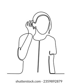 Continuous line of a woman smiling and her hands covering her ears and showing that she didn't hear anything