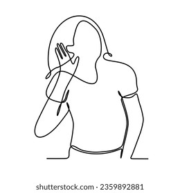 Continuous line of a woman smiling and her hands covering her ears and showing that she didn't hear anything