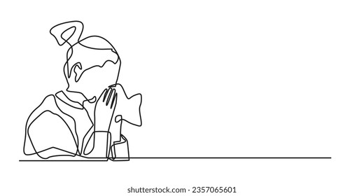 continuous line of woman sneezing.one line drawing covering mouth with tissuee.cold.flu.isolated white background