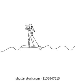 Continuous line woman standing up on paddle board. Vector illustration.
