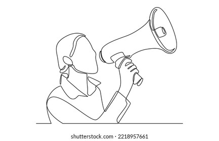 continuous line of woman standing and talking through a megaphone