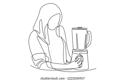 Continuous line of woman stands in front of a blender